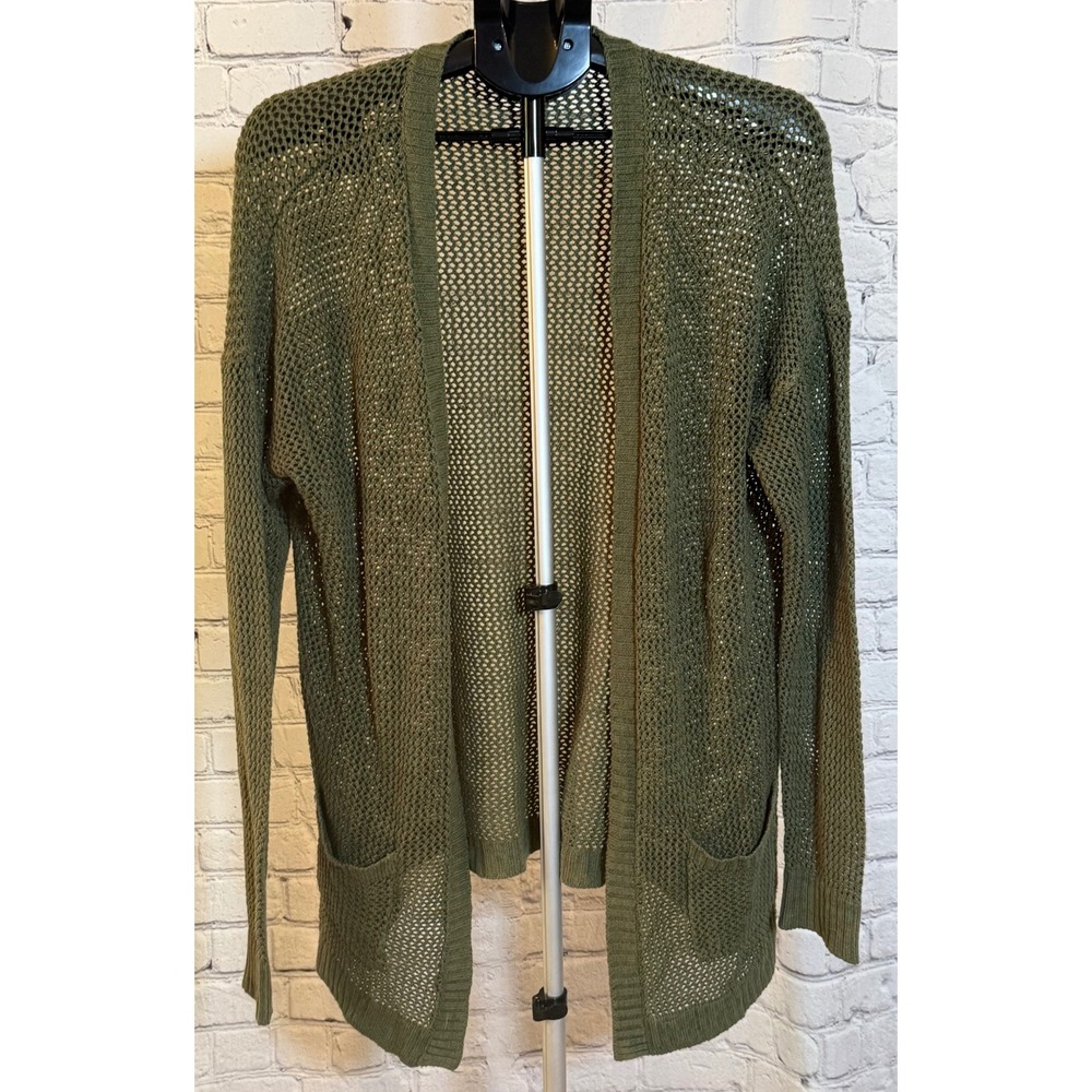 Mudd Womens XL Olive Green Open Front Crochet Knit Cardigan Sweater Pockets
